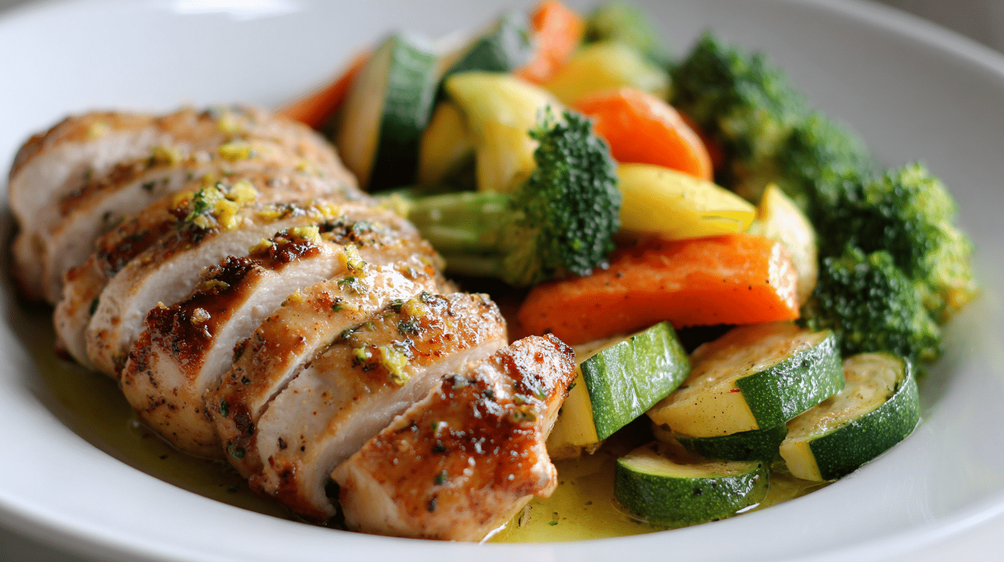 Lemon Garlic Chicken with Steamed Veggies served on white plate