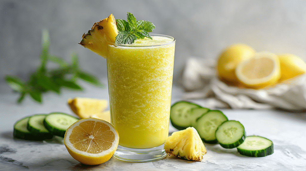 Pineapple Cucumber Metabolism Smoothie in a glass with fresh ingredients