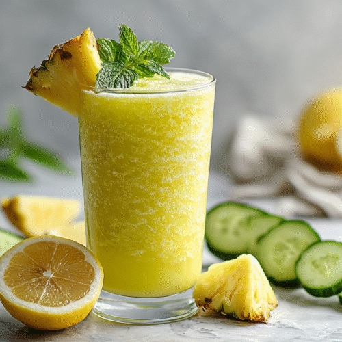 Pineapple Cucumber Metabolism Smoothie in a glass with fresh ingredients