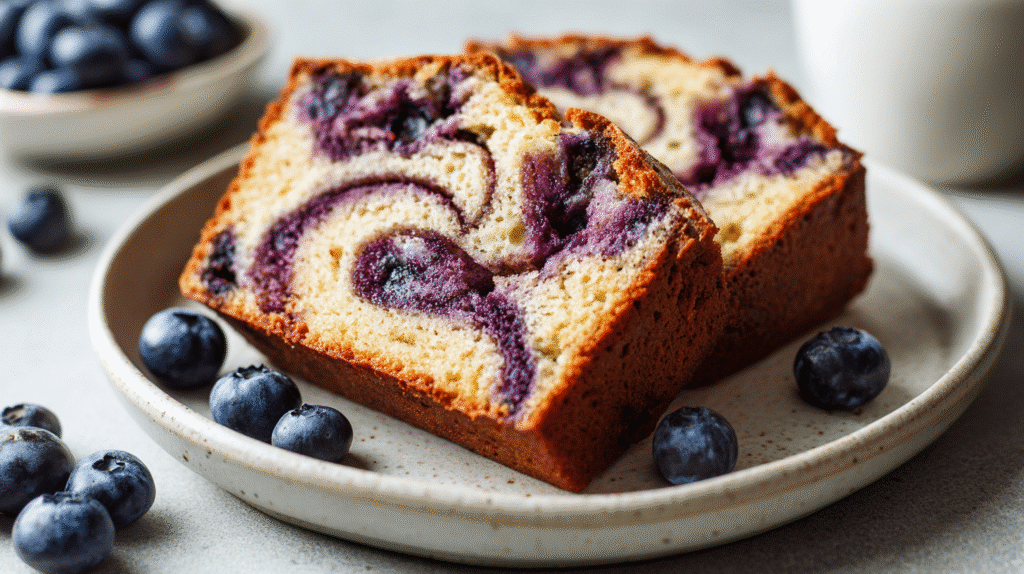 Served slices of gluten free blueberry cinnamon swirl banana bread