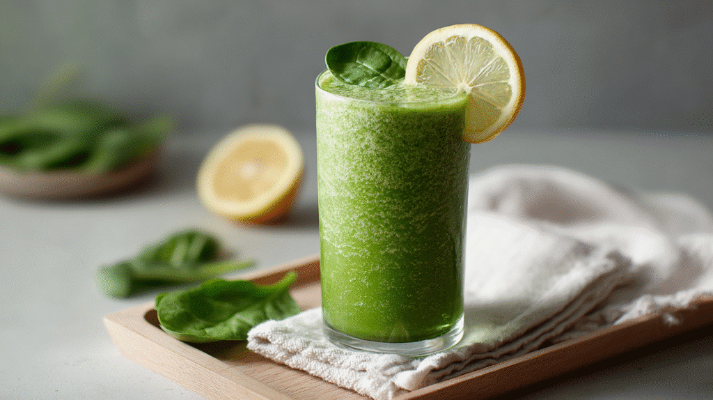 Served Fat Burning Green Smoothie with Spinach & Lemon