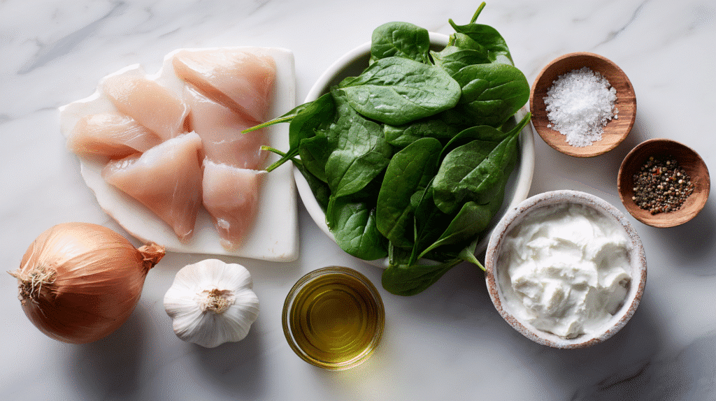 Ingredients for creamy gluten free chicken and spinach skillet
