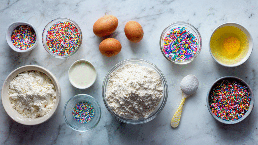 Ingredients for Gluten-Free Funfetti Birthday Cake on Marble