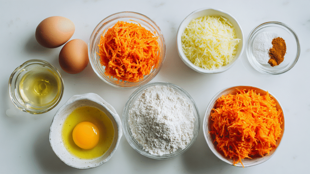 ingredients for gluten-free carrot cake in bowls
