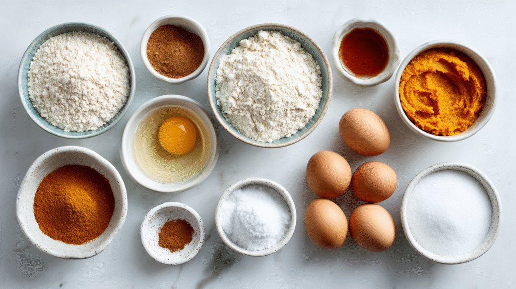 ingredients for gluten-free pumpkin cake on white counter