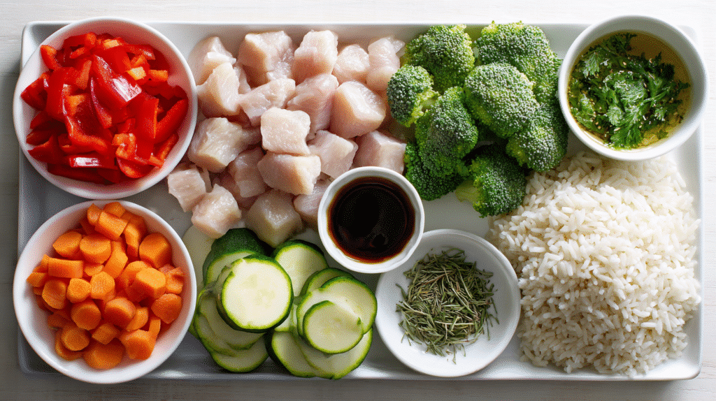 Ingredients for Gluten Free Chicken and Veggie Rice Bowl