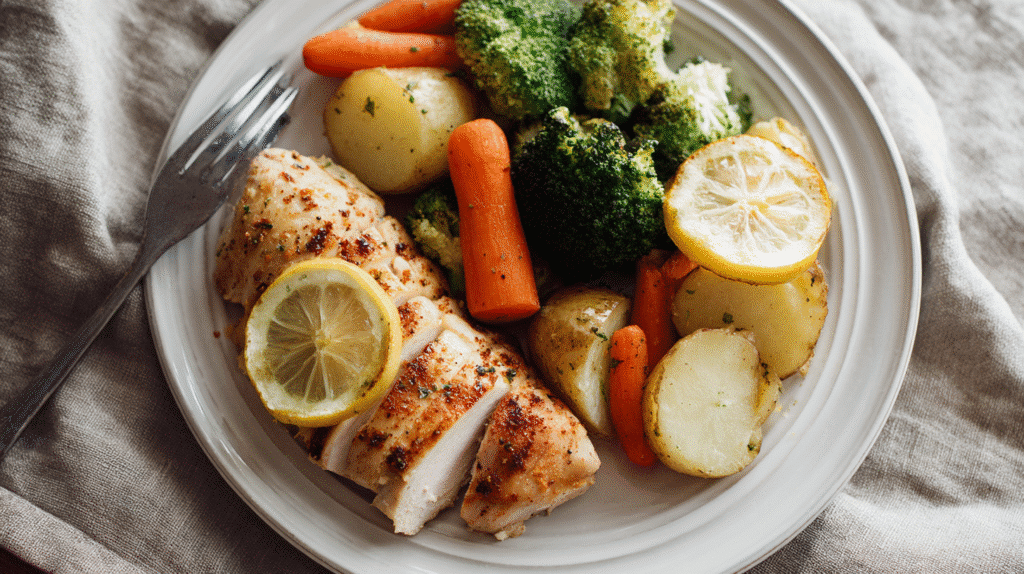 Final plated Lemon Garlic Chicken with Steamed Veggies meal