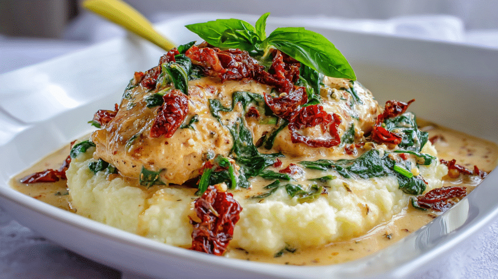 Served GF DF Creamy Tuscan Chicken (no dairy) on plate