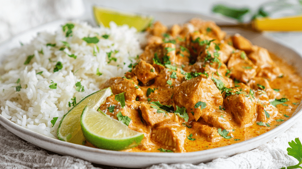 Dairy Free Coconut Lime Chicken served with rice and lime