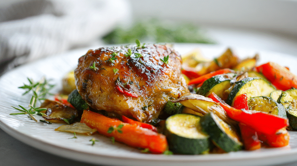 Served portion of Gluten Free Balsamic Chicken Sheet Pan Dinner