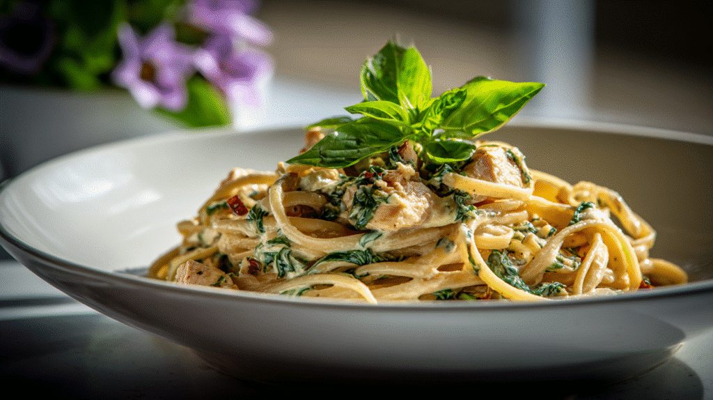 U3823717446 Plated Gluten Free Basil Chicken Pasta In A Wide 297bf223 8812 47fa 8887 A082b3252a9a 0