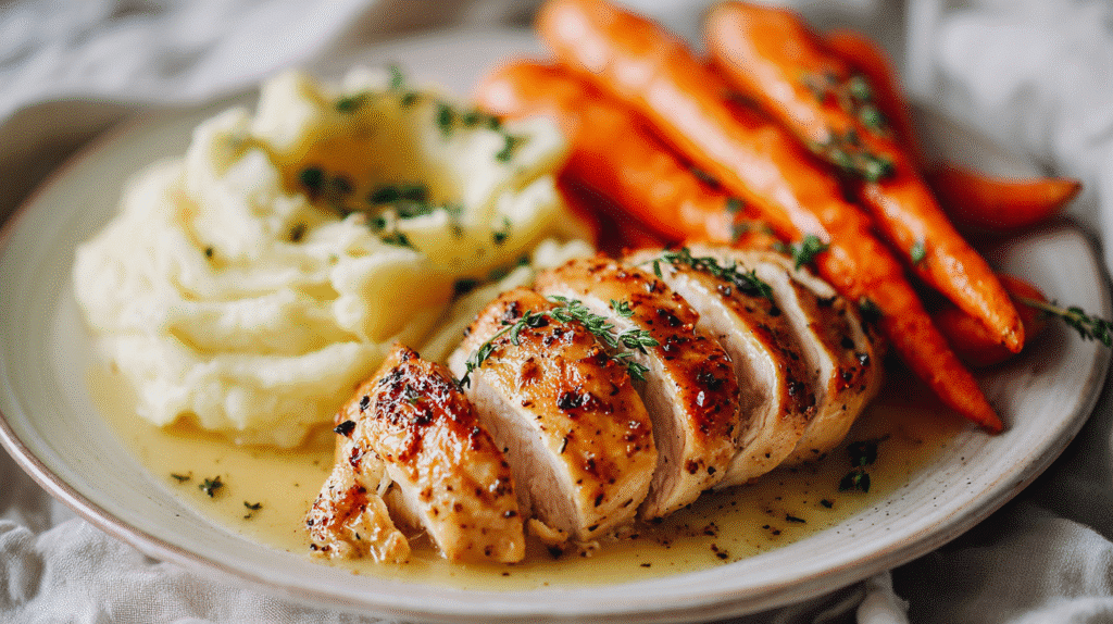 Plated Gluten Free Honey Mustard Baked Chicken with sides