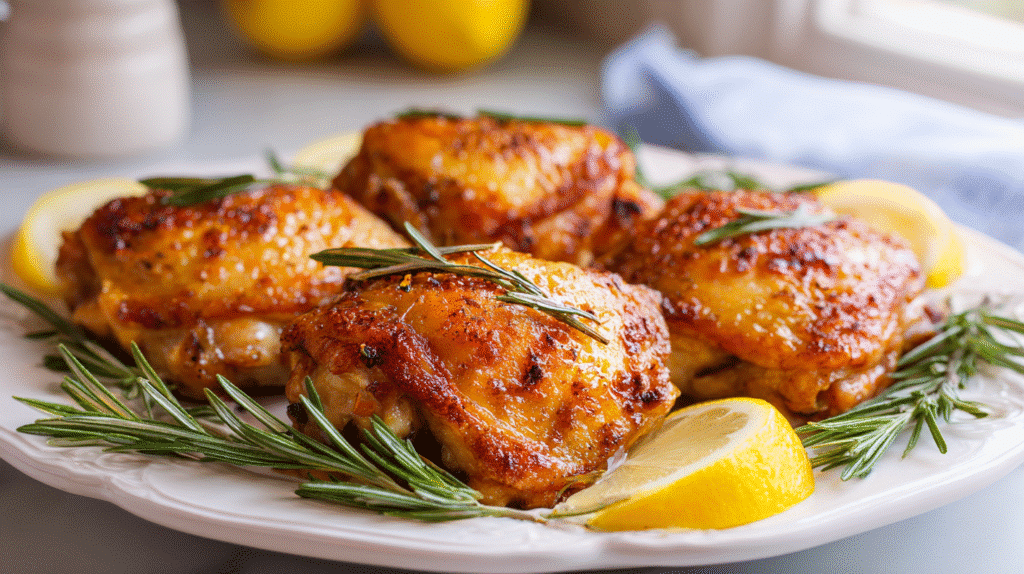 Served Crispy Baked Gluten Free Chicken Thighs with rosemary