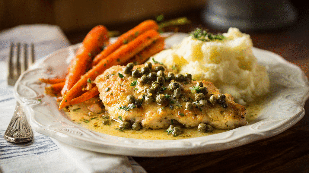 Gluten Free Chicken Piccata served with mashed potatoes