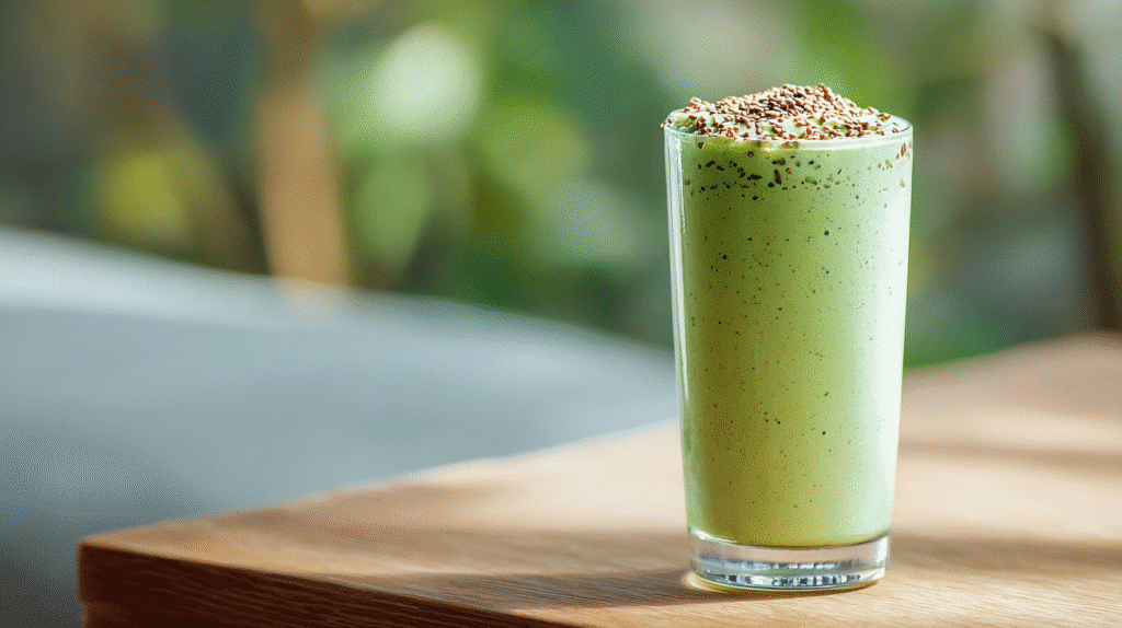 Avocado protein smoothie served in tall glass with chia