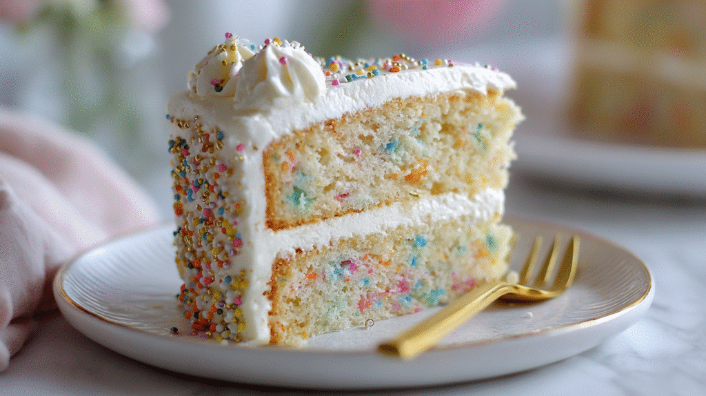 Slice of Gluten-Free Funfetti Cake on White Plate