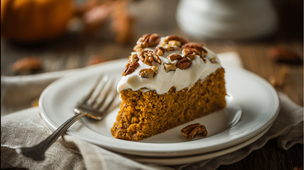 slice of gluten-free pumpkin cake with coconut cream