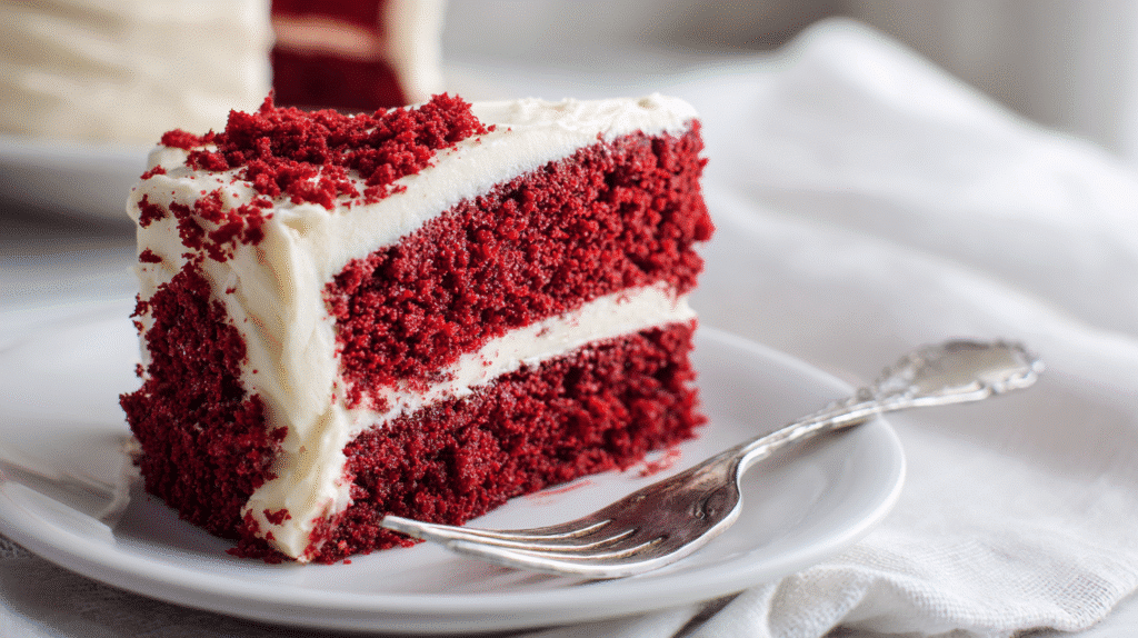 A slice of gluten-free red velvet cake on a plate