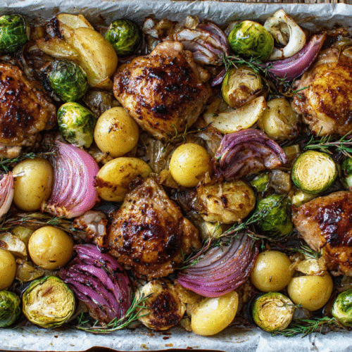 Gluten Free Balsamic Chicken Sheet Pan Dinner on rustic tray