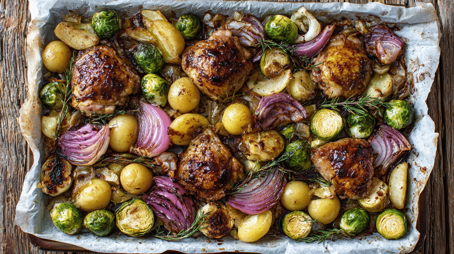 Gluten Free Balsamic Chicken Sheet Pan Dinner on rustic tray