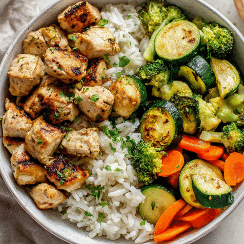 Gluten Free Chicken and Veggie Rice Bowl with Roasted Vegetables