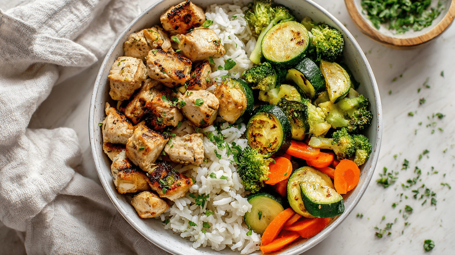 Gluten Free Chicken and Veggie Rice Bowl with Roasted Vegetables