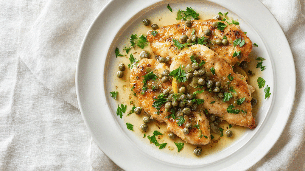 Gluten Free Chicken Piccata with Capers on white plate