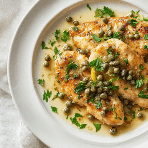 Gluten Free Chicken Piccata with Capers on white plate