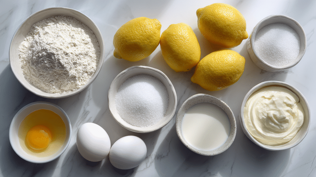Lemon loaf cake ingredients on white marble
