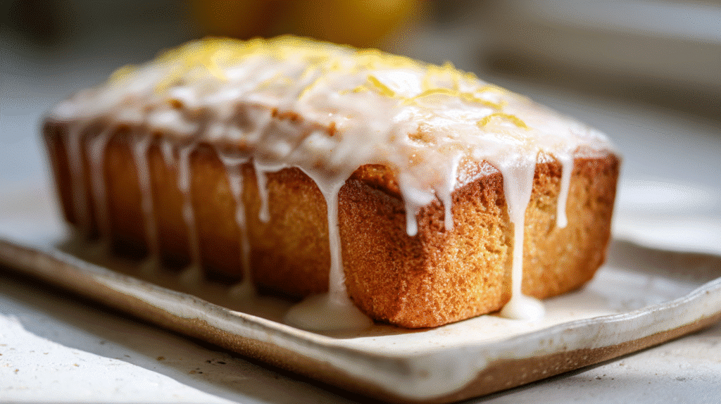 Gluten-Free Lemon Loaf Cake with glaze on platter