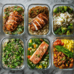 Ten healthy meal prep recipes displayed together in glass containers, including chicken, quinoa bowls, roasted vegetables, vegetarian meals, and balanced protein dishes on a marble countertop