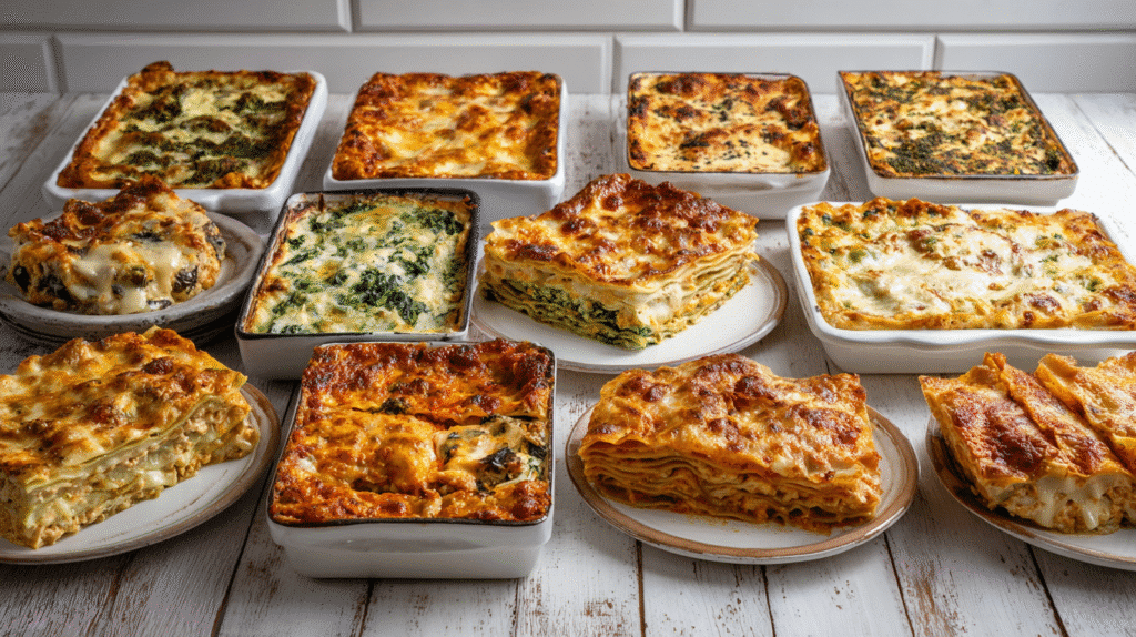 Assorted gluten free chicken lasagna recipes displayed together, featuring different flavors, sauces, and vegetable variations