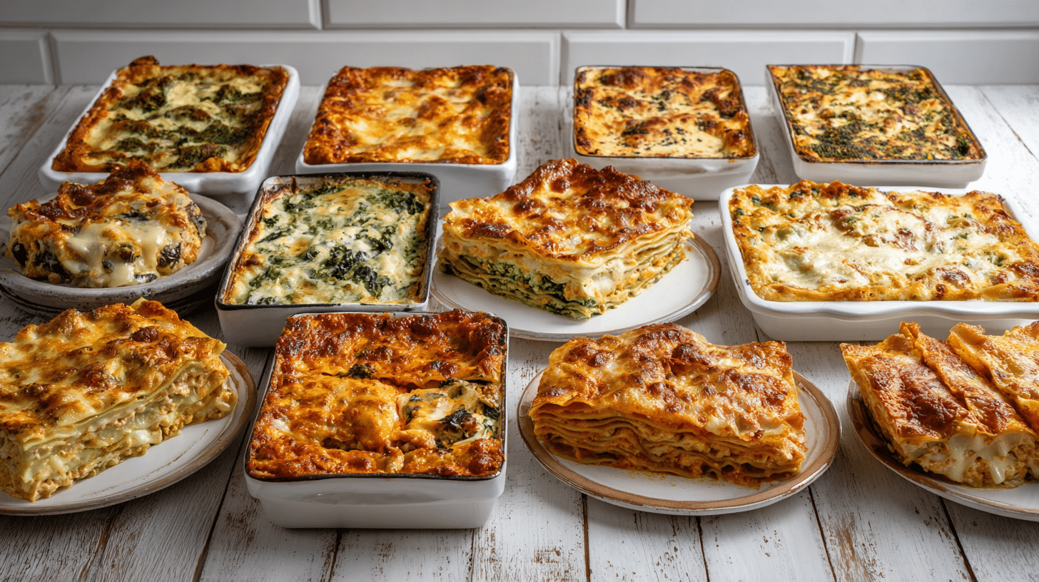 Assorted gluten free chicken lasagna recipes displayed together, featuring different flavors, sauces, and vegetable variations
