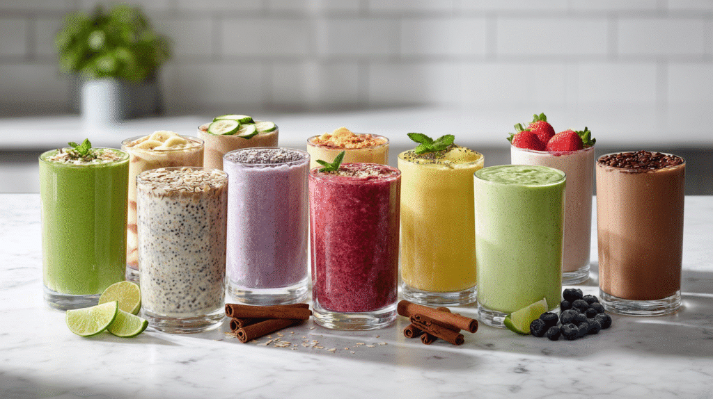 Ten different healthy smoothies in clear glasses arranged together on a light kitchen surface