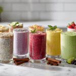 Ten different healthy smoothies in clear glasses arranged together on a light kitchen surface