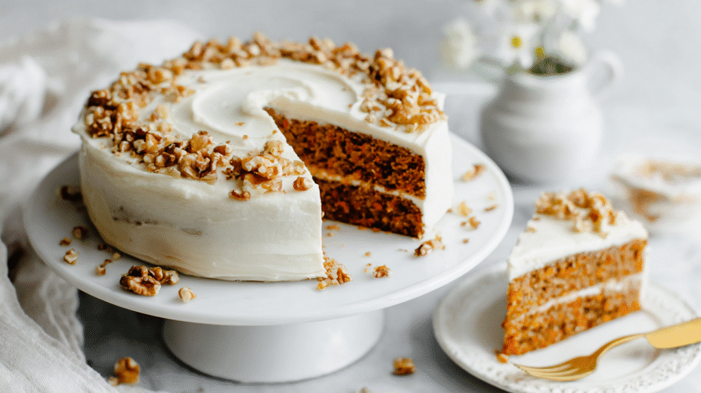 whole gluten-free carrot cake with slice cut