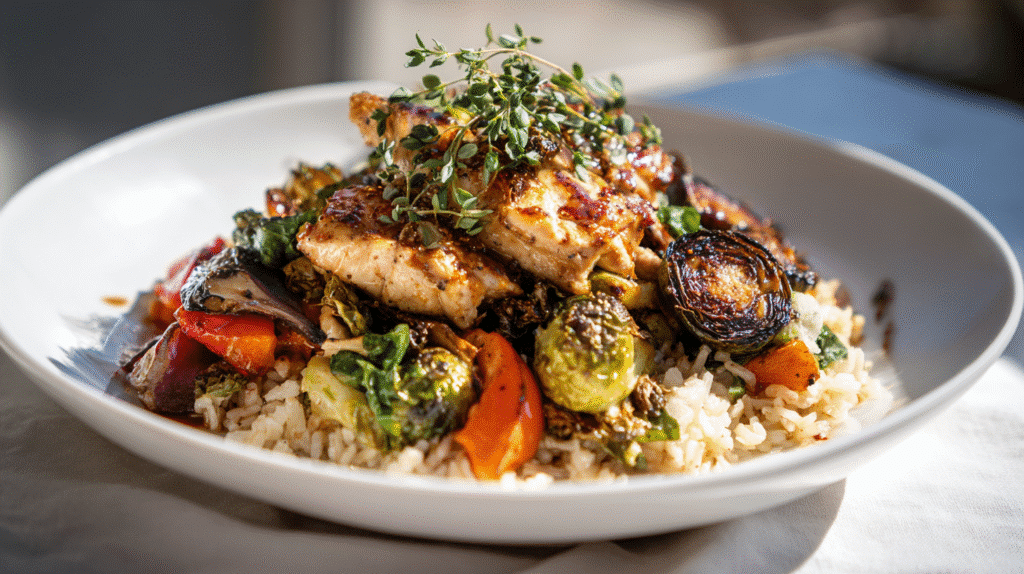 Served Gluten Free Chicken and Veggie Rice Bowl with Herbs
