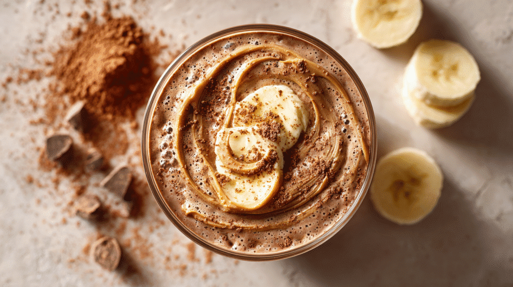 Chocolate Peanut Butter Protein Smoothie (Healthy) in clear glass