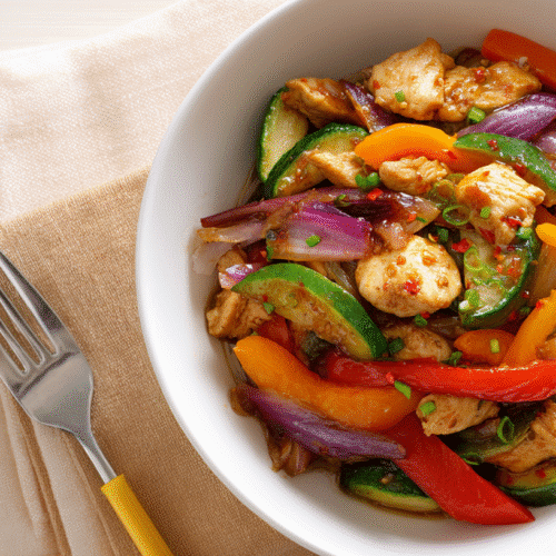 Gluten Free Chicken Stir Fry with Veggies in a white bowl