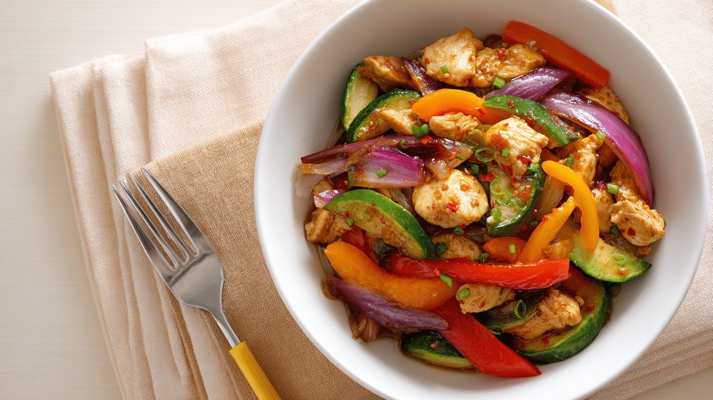 Gluten Free Chicken Stir Fry with Veggies in a white bowl