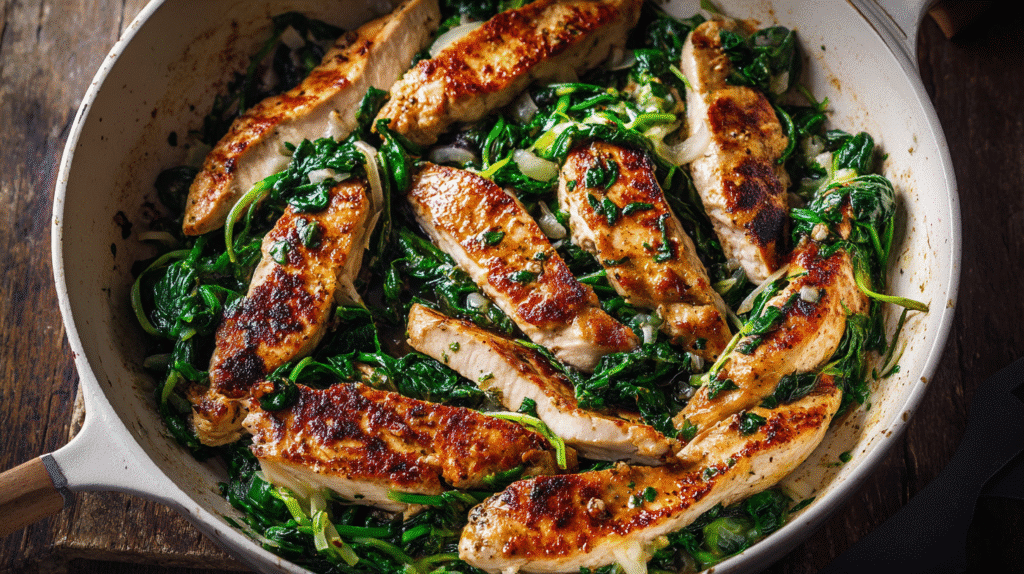 High Protein Turkey & Spinach Skillet served in a ceramic pan