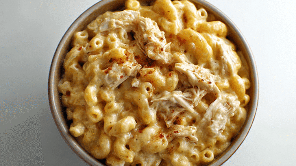 Gluten free chicken mac and cheese pasta with creamy sauce