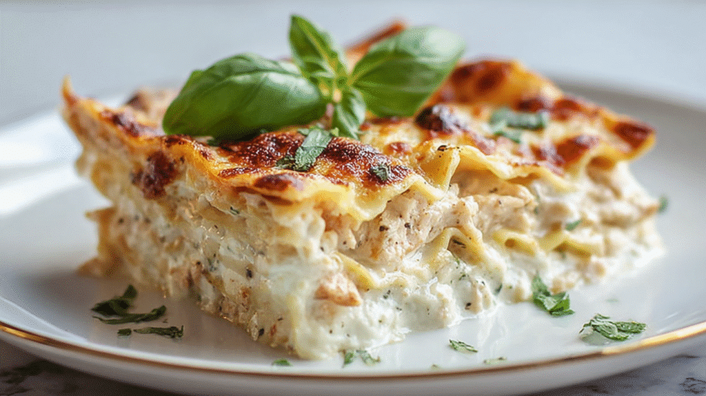 Gluten free chicken lasagna slice with creamy white sauce, layered gluten-free pasta, and fresh basil garnish