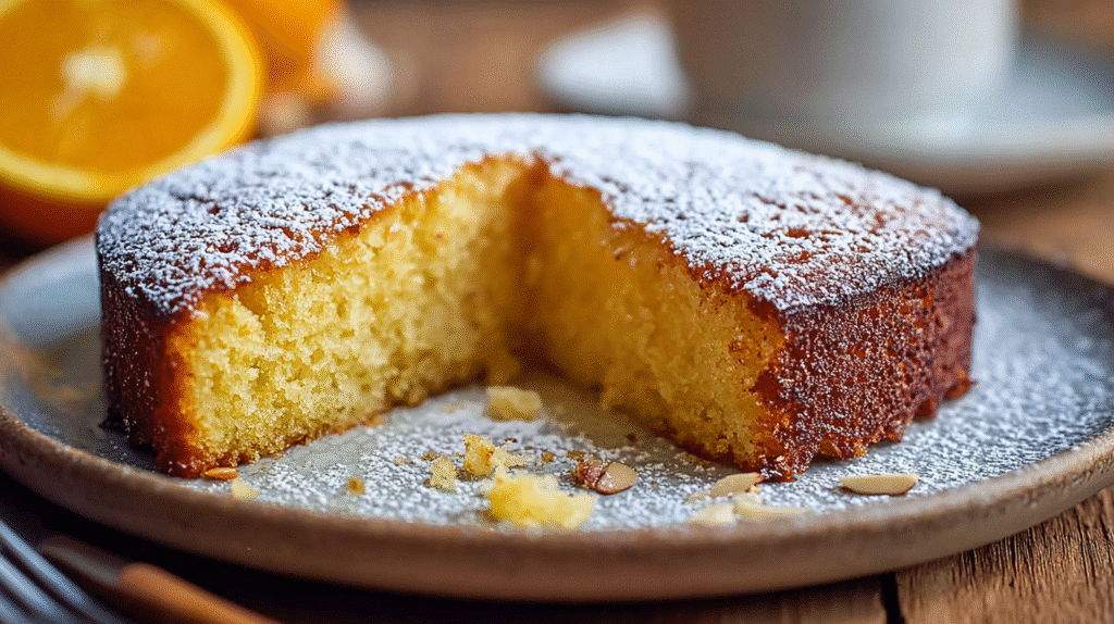 Slice of gluten free orange almond cake dusted with powdered sugar on a rustic plate.