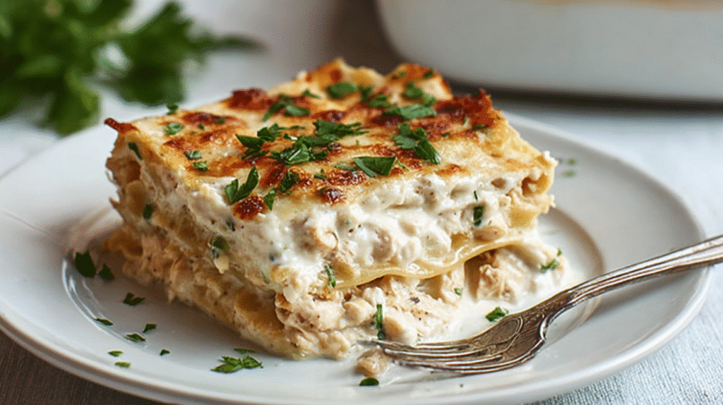 Gluten free chicken lasagna slice with creamy white sauce, tender chicken, and golden baked cheese on a white plate
