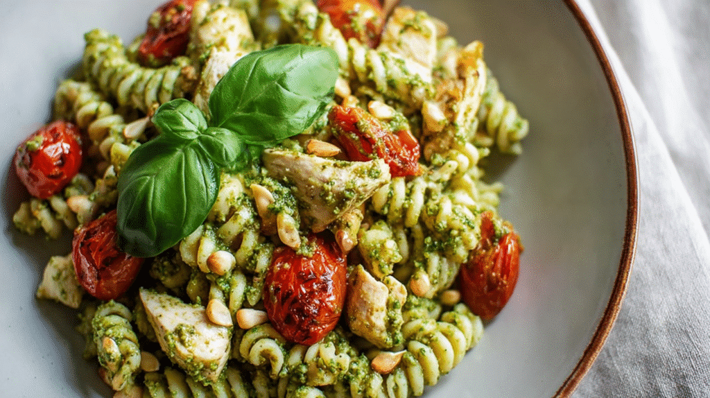 Gluten free chicken pesto pasta with basil, cherry tomatoes, and pine nuts