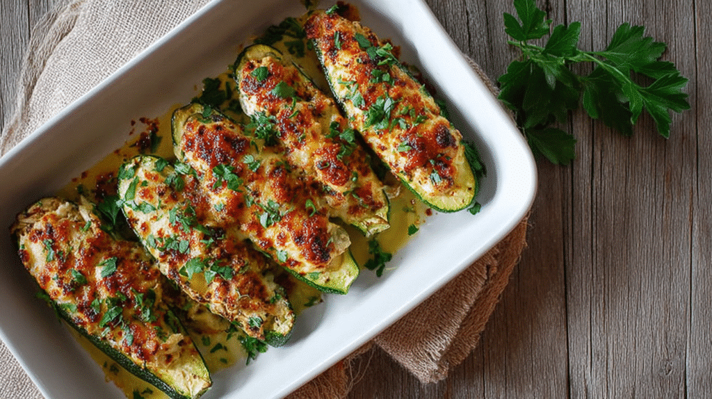 Baked zucchini boats filled with a savory chicken mixture and topped with golden melted cheese and fresh herbs in a white casserole dish.