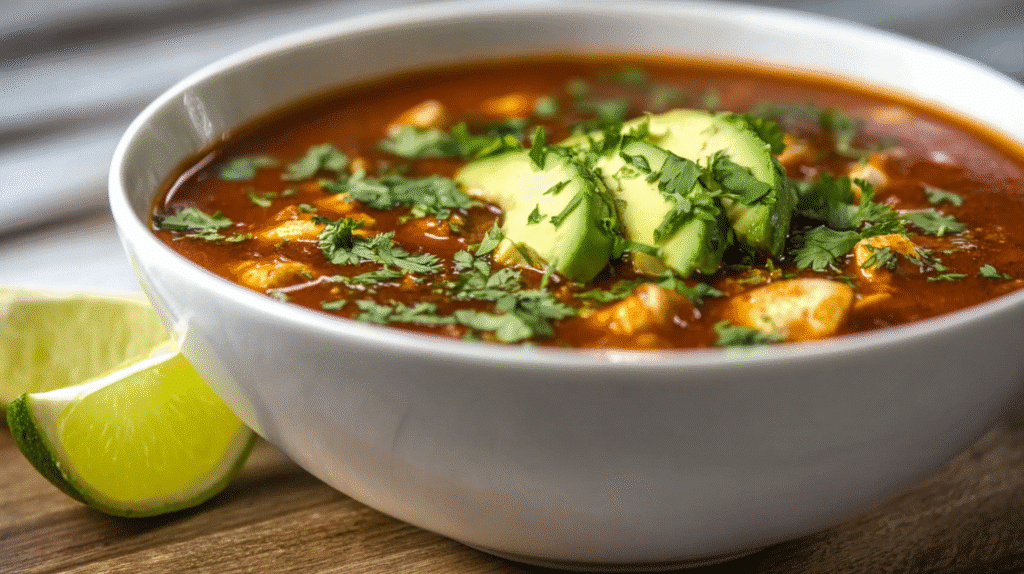 Bowl of chicken chili topped with fresh avocado slices, chopped cilantro, and lime wedges on the side.