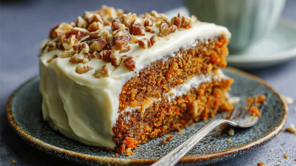 Slice of gluten free carrot cake with cream cheese frosting and chopped walnuts on top, served on a plate.