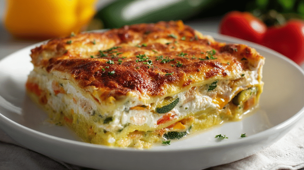 Gluten free chicken vegetable lasagna with zucchini, bell peppers, creamy layers, and golden baked cheese